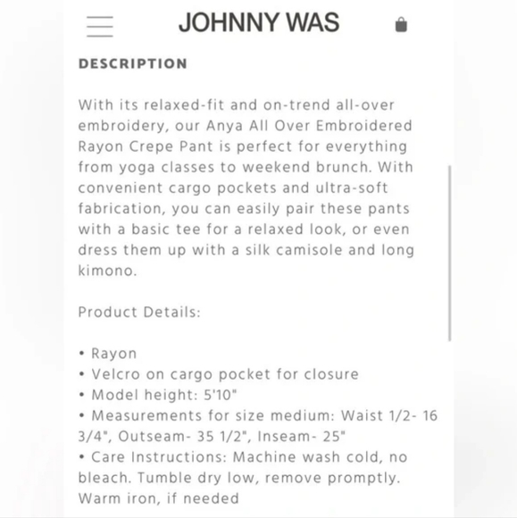 NWT Johnny Was Anya All over embroidered crepe pant size S - Picture 7 of 9